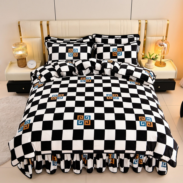 91家纺网 家纺一手货源 找家纺 绒品荟家纺 2025新款8.5斤加厚牛奶绒金貂绒法莱绒四件套三件套冬季法兰绒床裙款高克重棋盘格