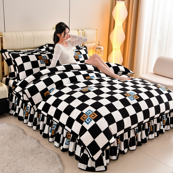 91家纺网 家纺一手货源 找家纺 绒品荟家纺 2025新款8.5斤加厚牛奶绒金貂绒法莱绒四件套三件套冬季法兰绒床裙款高克重棋盘格