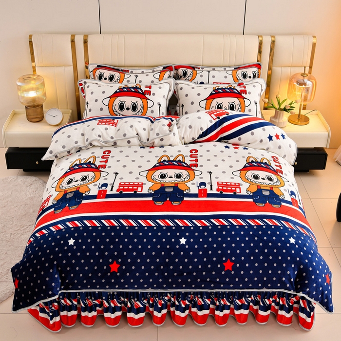 91家纺网 家纺一手货源 找家纺 绒品荟家纺 2025新款8.5斤加厚牛奶绒金貂绒法莱绒四件套三件套冬季法兰绒床裙款高克重英伦拉布布