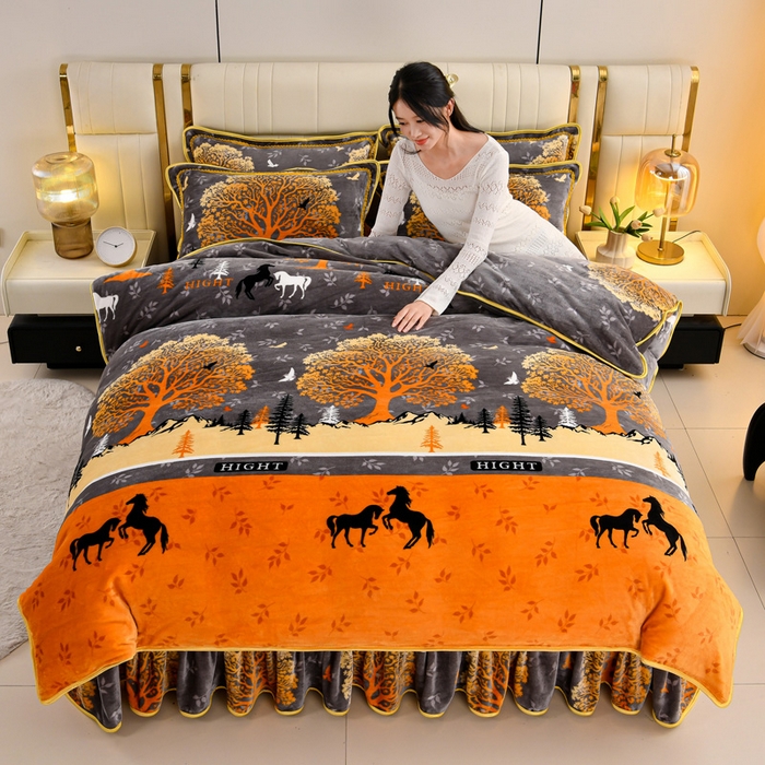 91家纺网 家纺一手货源 找家纺 绒品荟家纺 2025新款8.5斤加厚牛奶绒金貂绒法莱绒四件套三件套冬季法兰绒床裙款高克重发财树