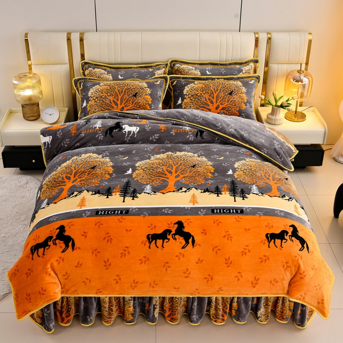 91家纺网 家纺一手货源 找家纺 绒品荟家纺 2025新款8.5斤加厚牛奶绒金貂绒法莱绒四件套三件套冬季法兰绒床裙款高克重发财树