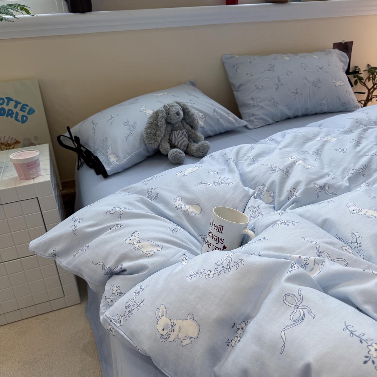 91家纺网 家纺一手货源 找家纺 慕尚家纺 2025新款全棉母婴级双层纱四件套 蝴蝶结绑带款-丝带小兔