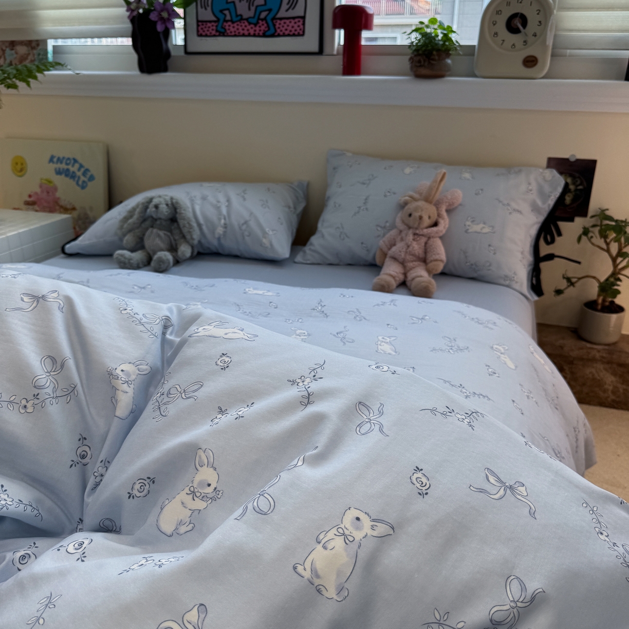 91家纺网 家纺一手货源 找家纺 慕尚家纺 2025新款全棉母婴级双层纱四件套 蝴蝶结绑带款-丝带小兔