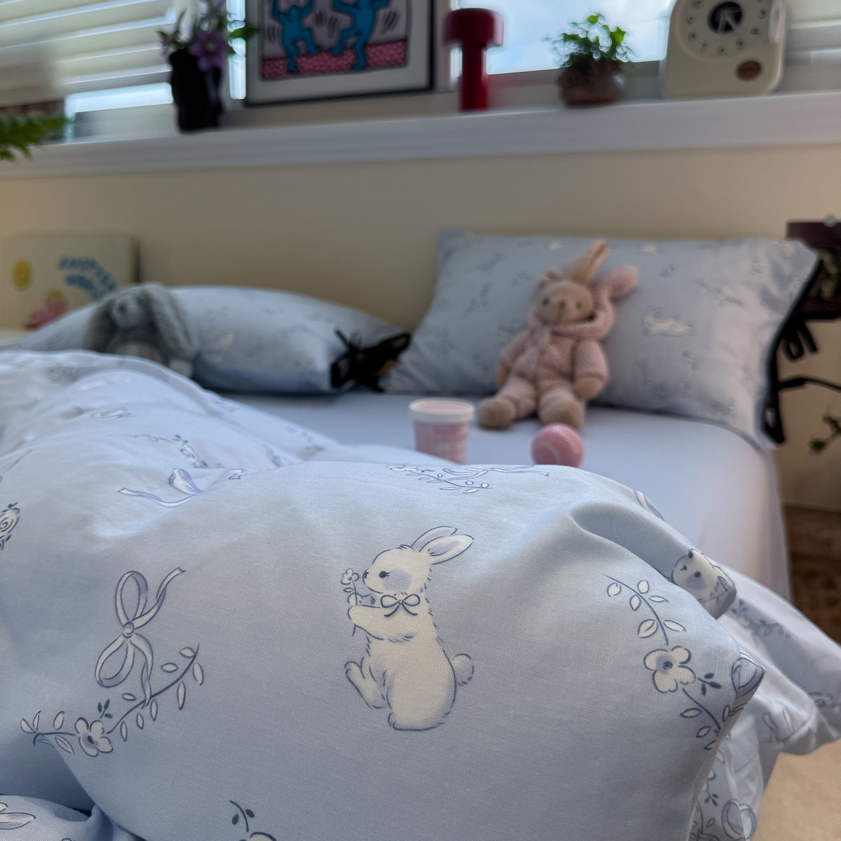 91家纺网 家纺一手货源 找家纺 慕尚家纺 2025新款全棉母婴级双层纱四件套 蝴蝶结绑带款-丝带小兔