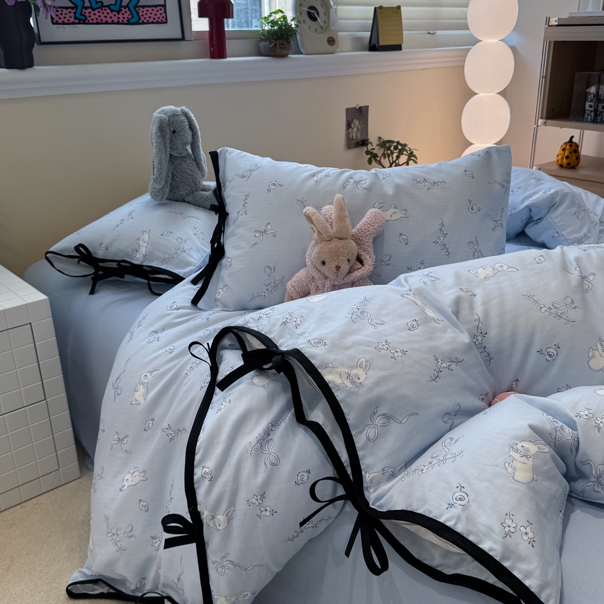 91家纺网 家纺一手货源 找家纺 慕尚家纺 2025新款全棉母婴级双层纱四件套 蝴蝶结绑带款-丝带小兔