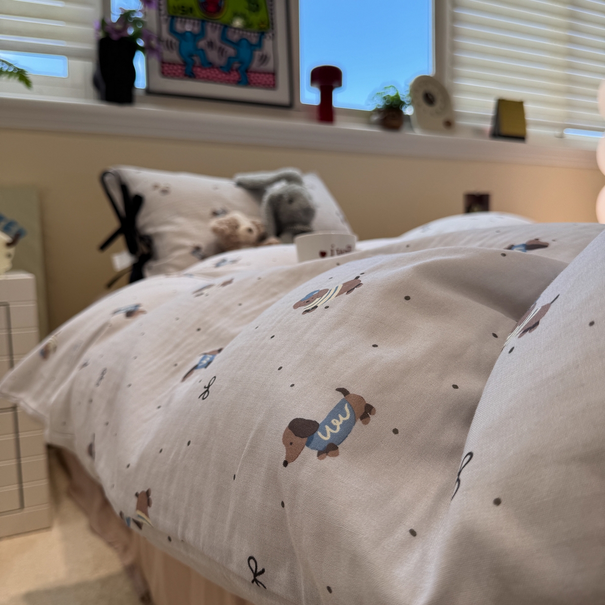 91家纺网 家纺一手货源 找家纺 慕尚家纺 2025新款全棉母婴级双层纱四件套 蝴蝶结绑带款-帽子腊肠