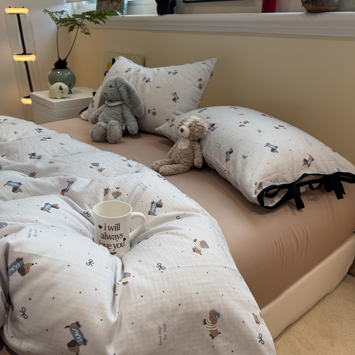 91家纺网 家纺一手货源 找家纺 慕尚家纺 2025新款全棉母婴级双层纱四件套 蝴蝶结绑带款-帽子腊肠