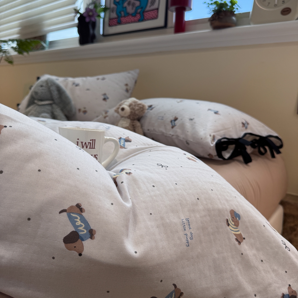 91家纺网 家纺一手货源 找家纺 慕尚家纺 2025新款全棉母婴级双层纱四件套 蝴蝶结绑带款-帽子腊肠