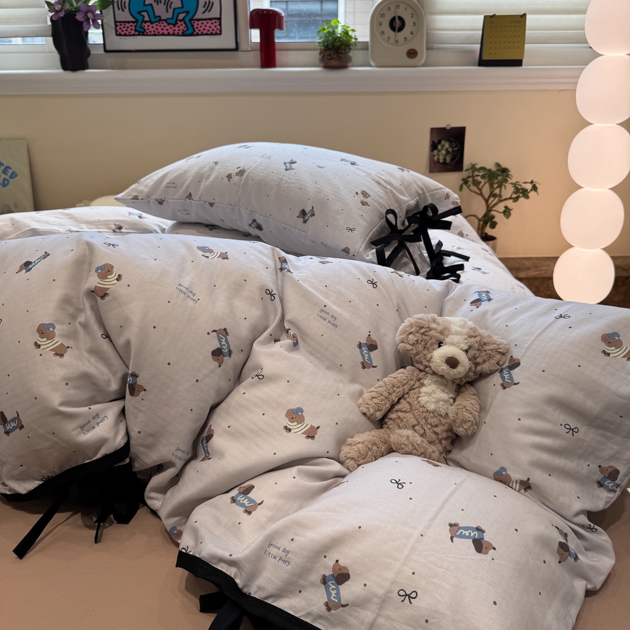 91家纺网 家纺一手货源 找家纺 慕尚家纺 2025新款全棉母婴级双层纱四件套 蝴蝶结绑带款-帽子腊肠