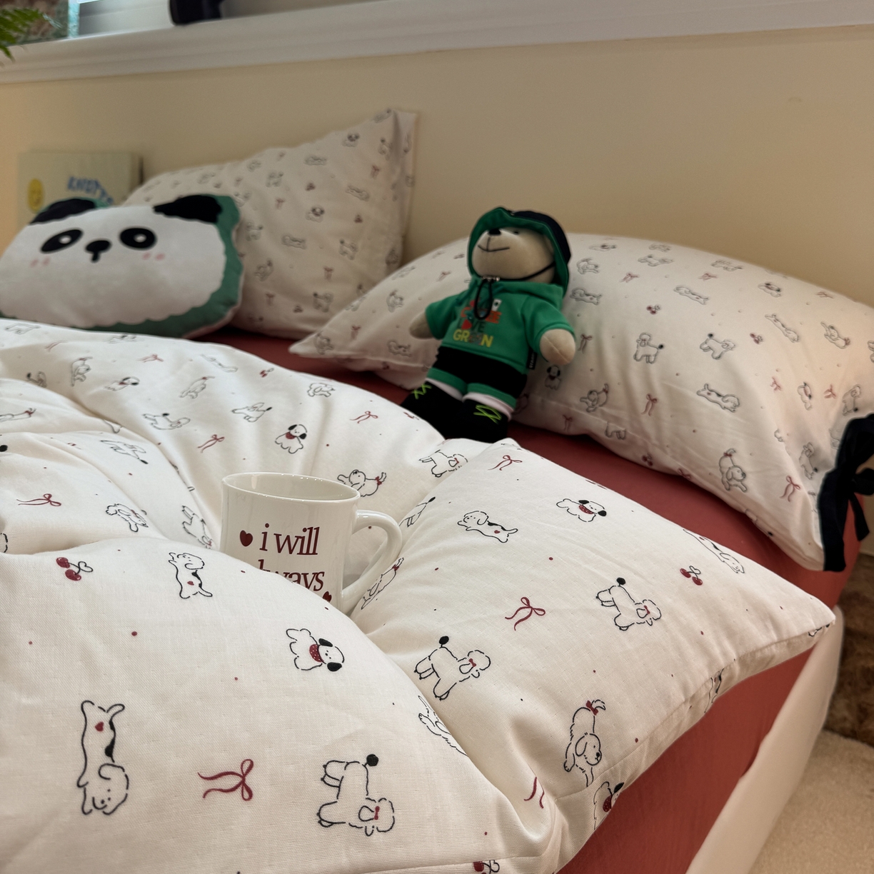 91家纺网 家纺一手货源 找家纺 慕尚家纺 2025新款全棉母婴级双层纱四件套 蝴蝶结绑带款-小狗和羊驼