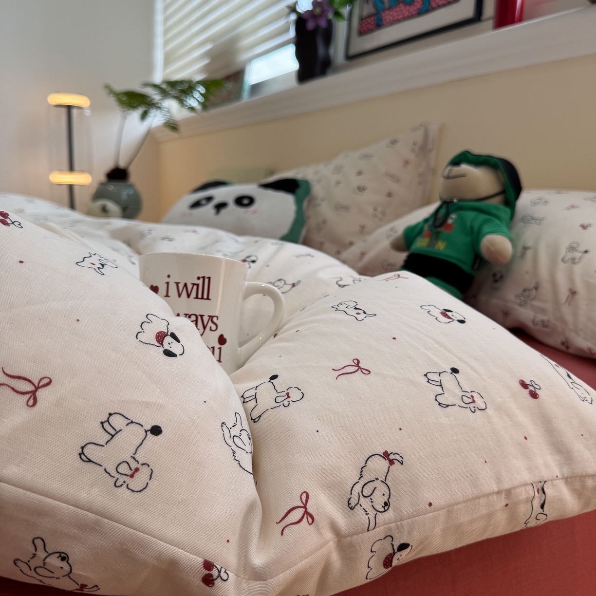 91家纺网 家纺一手货源 找家纺 慕尚家纺 2025新款全棉母婴级双层纱四件套 蝴蝶结绑带款-小狗和羊驼