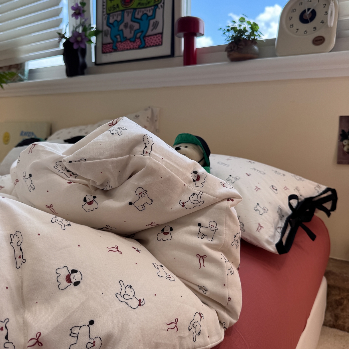 91家纺网 家纺一手货源 找家纺 慕尚家纺 2025新款全棉母婴级双层纱四件套 蝴蝶结绑带款-小狗和羊驼