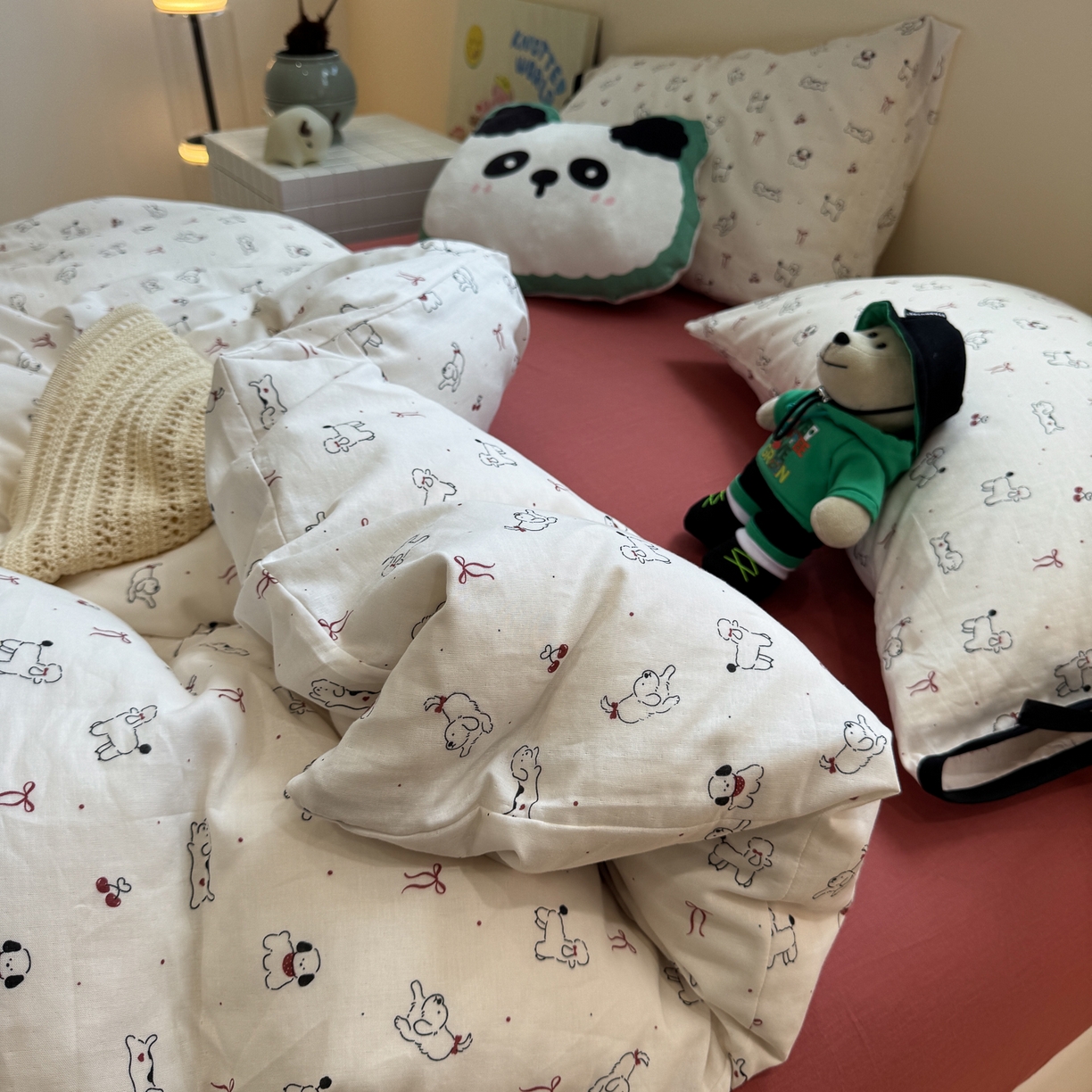 91家纺网 家纺一手货源 找家纺 慕尚家纺 2025新款全棉母婴级双层纱四件套 蝴蝶结绑带款-小狗和羊驼