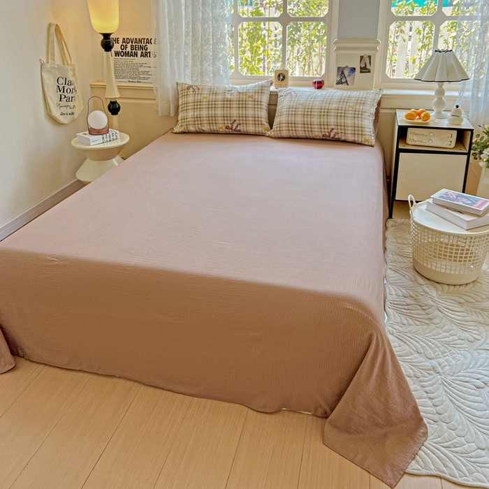 91家纺网 家纺一手货源 找家纺 梦纤绒 2025新款云感木棉皱皱双层纱四件套-简单款 甜心奶泡