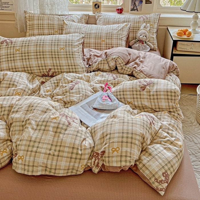 91家纺网 家纺一手货源 找家纺 梦纤绒 2025新款云感木棉皱皱双层纱四件套-简单款 甜心奶泡