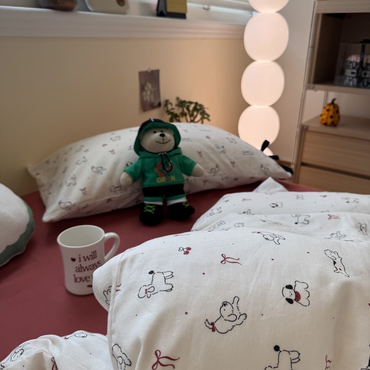 91家纺网 家纺一手货源 找家纺 慕尚家纺 2025新款全棉母婴级双层纱四件套 蝴蝶结绑带款-小狗和羊驼