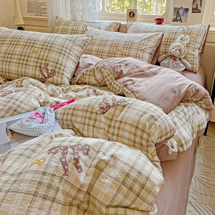 91家纺网 家纺一手货源 找家纺 梦纤绒 2025新款云感木棉皱皱双层纱四件套-简单款 甜心奶泡