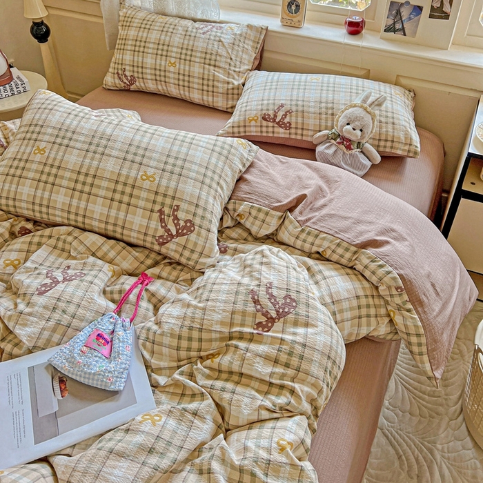 91家纺网 家纺一手货源 找家纺 梦纤绒 2025新款云感木棉皱皱双层纱四件套-简单款 甜心奶泡