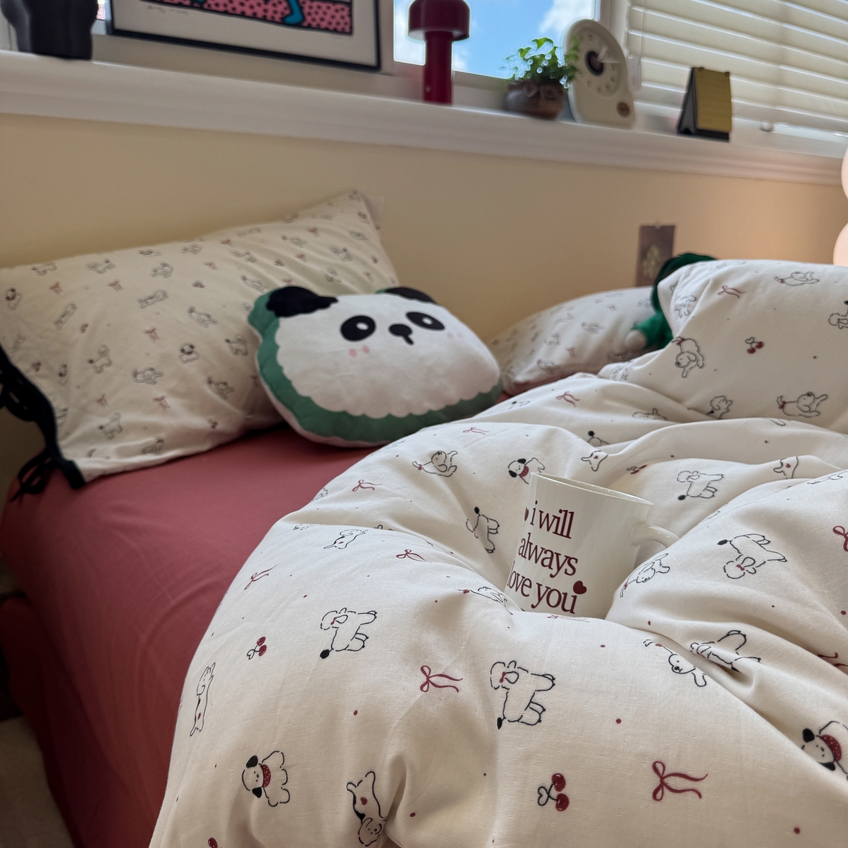 91家纺网 家纺一手货源 找家纺 慕尚家纺 2025新款全棉母婴级双层纱四件套 蝴蝶结绑带款-小狗和羊驼