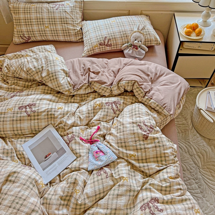 91家纺网 家纺一手货源 找家纺 梦纤绒 2025新款云感木棉皱皱双层纱四件套-简单款 甜心奶泡