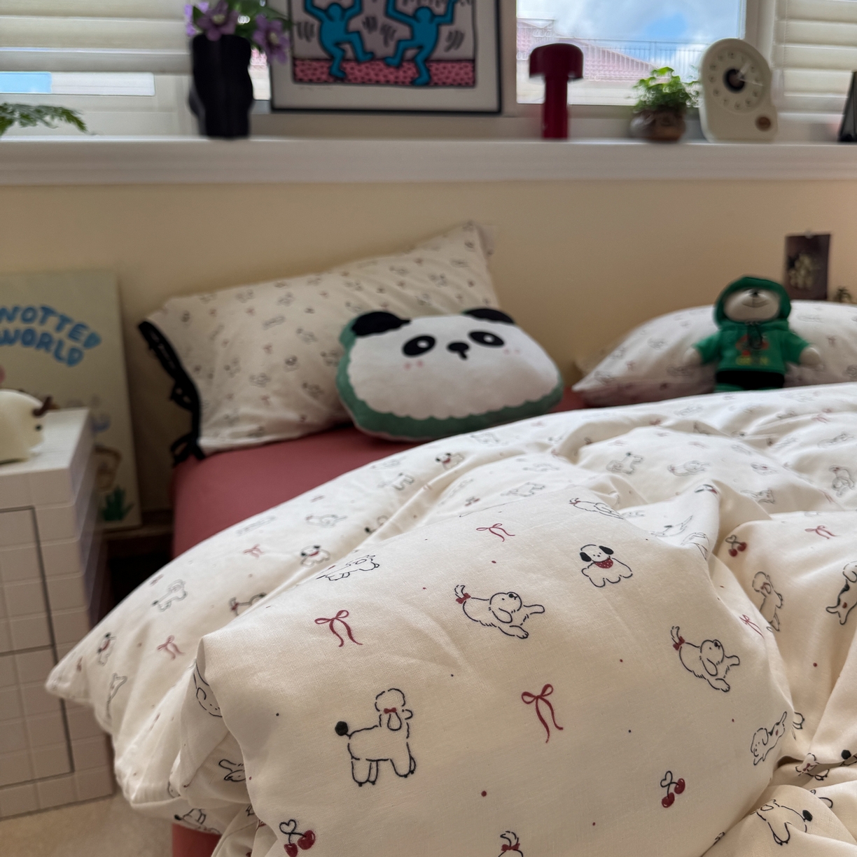 91家纺网 家纺一手货源 找家纺 慕尚家纺 2025新款全棉母婴级双层纱四件套 蝴蝶结绑带款-小狗和羊驼