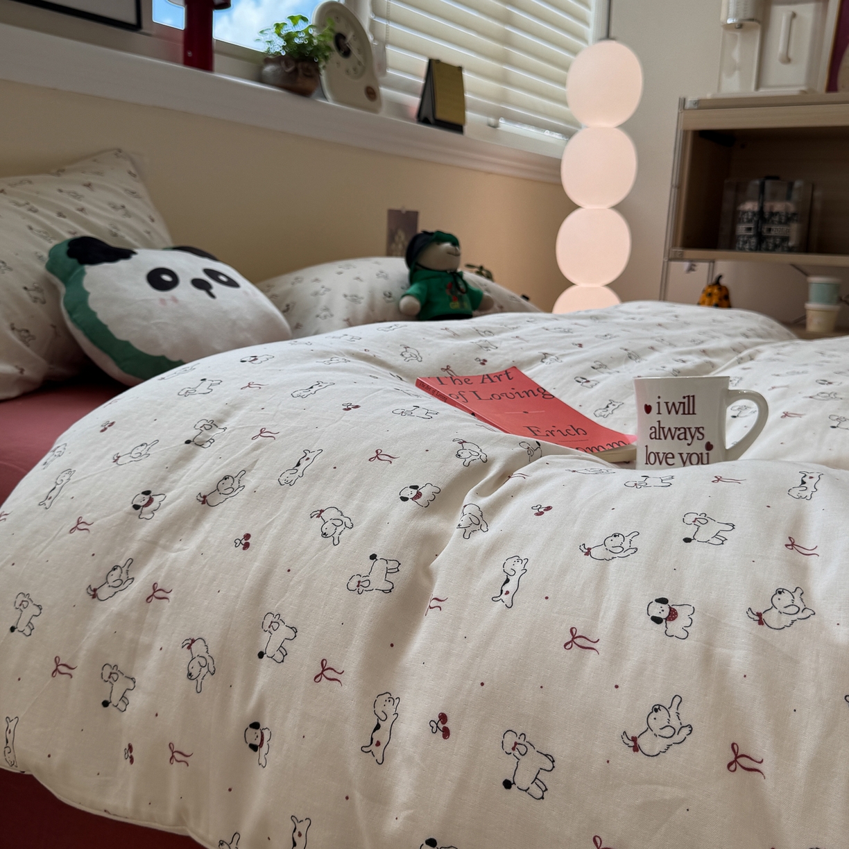 91家纺网 家纺一手货源 找家纺 慕尚家纺 2025新款全棉母婴级双层纱四件套 蝴蝶结绑带款-小狗和羊驼