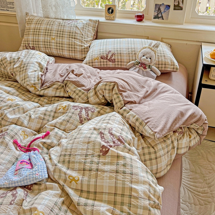 91家纺网 家纺一手货源 找家纺 梦纤绒 2025新款云感木棉皱皱双层纱四件套-简单款 甜心奶泡