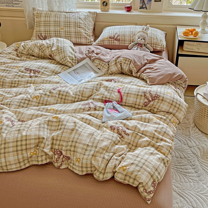 91家纺网 家纺一手货源 找家纺 梦纤绒 2025新款云感木棉皱皱双层纱四件套-简单款 甜心奶泡