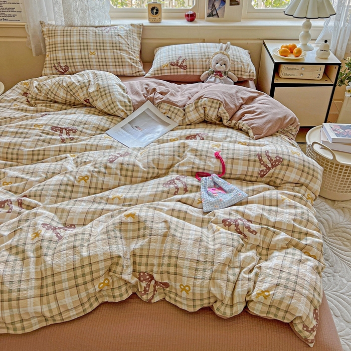 91家纺网 家纺一手货源 找家纺 梦纤绒 2025新款云感木棉皱皱双层纱四件套-简单款 甜心奶泡