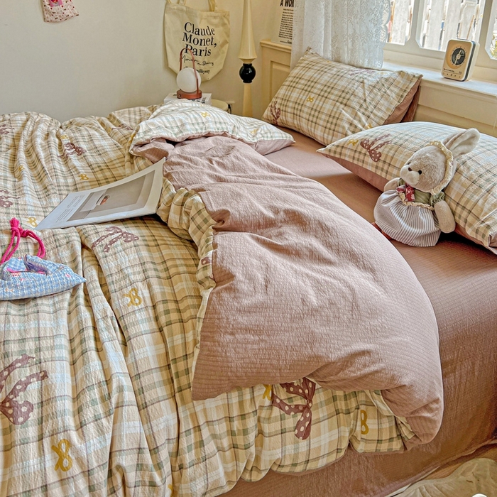 91家纺网 家纺一手货源 找家纺 梦纤绒 2025新款云感木棉皱皱双层纱四件套-简单款 甜心奶泡