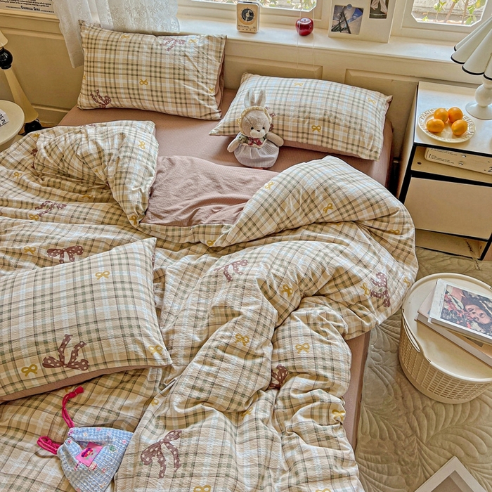 91家纺网 家纺一手货源 找家纺 梦纤绒 2025新款云感木棉皱皱双层纱四件套-简单款 甜心奶泡