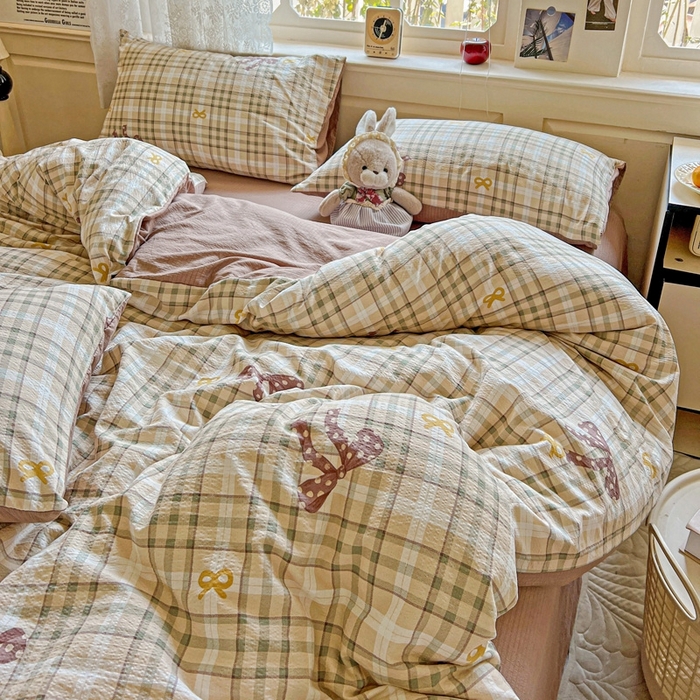 91家纺网 家纺一手货源 找家纺 梦纤绒 2025新款云感木棉皱皱双层纱四件套-简单款 甜心奶泡