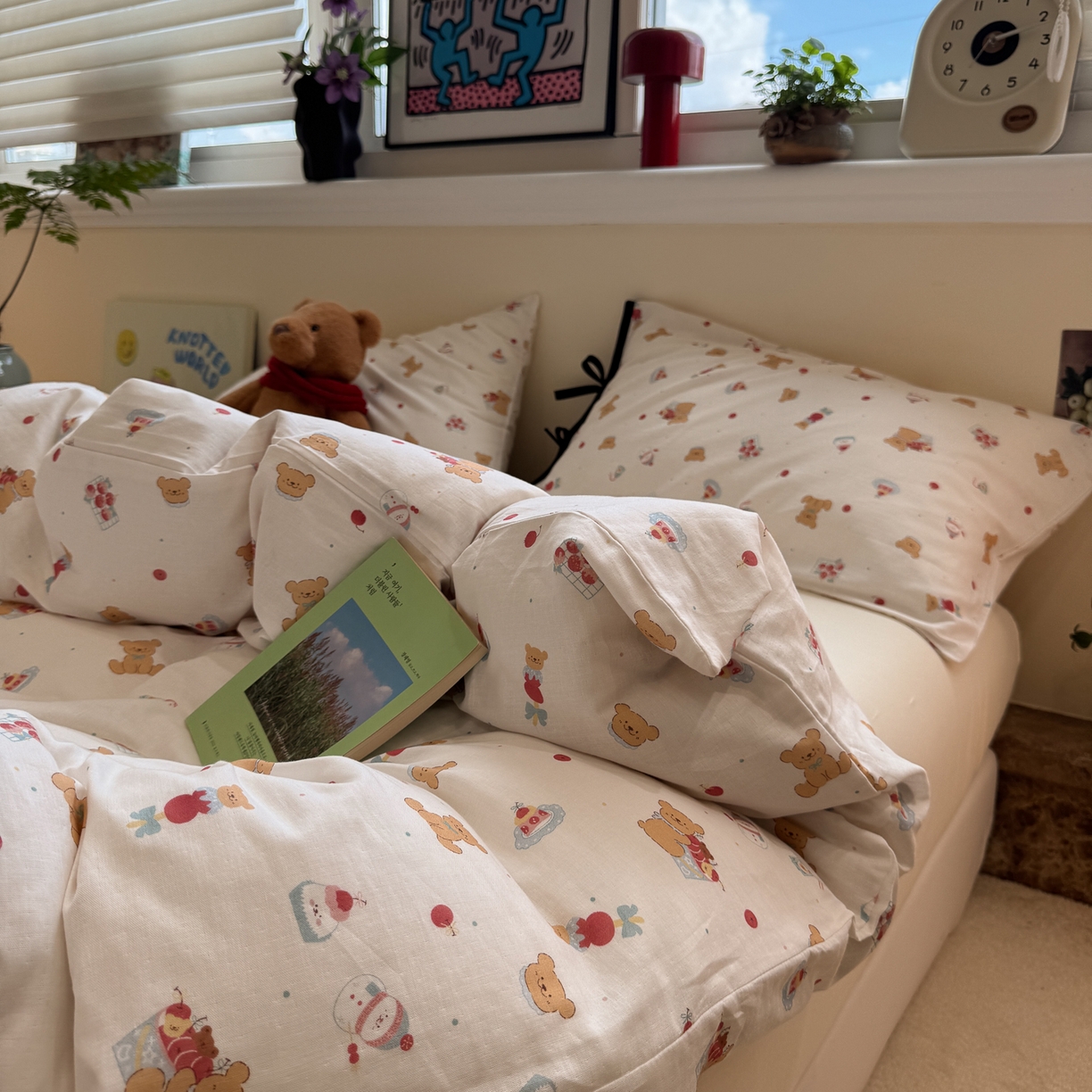 91家纺网 家纺一手货源 找家纺 慕尚家纺 2025新款全棉母婴级双层纱四件套 蝴蝶结绑带款-小熊蛋糕