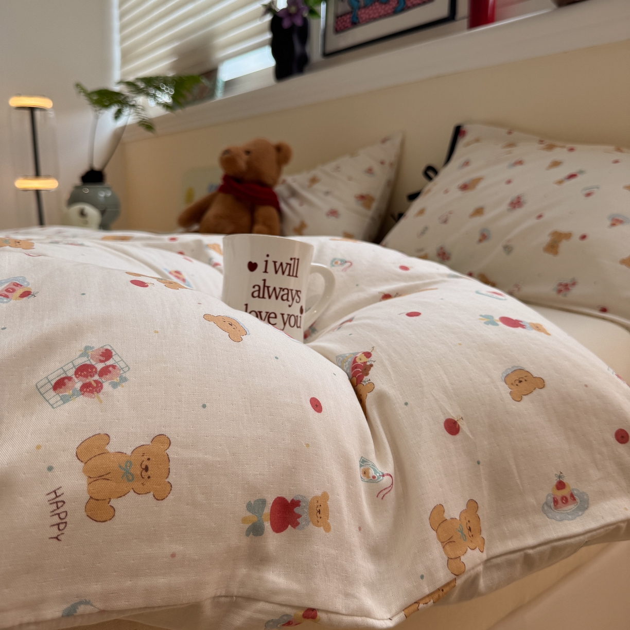 91家纺网 家纺一手货源 找家纺 慕尚家纺 2025新款全棉母婴级双层纱四件套 蝴蝶结绑带款-小熊蛋糕