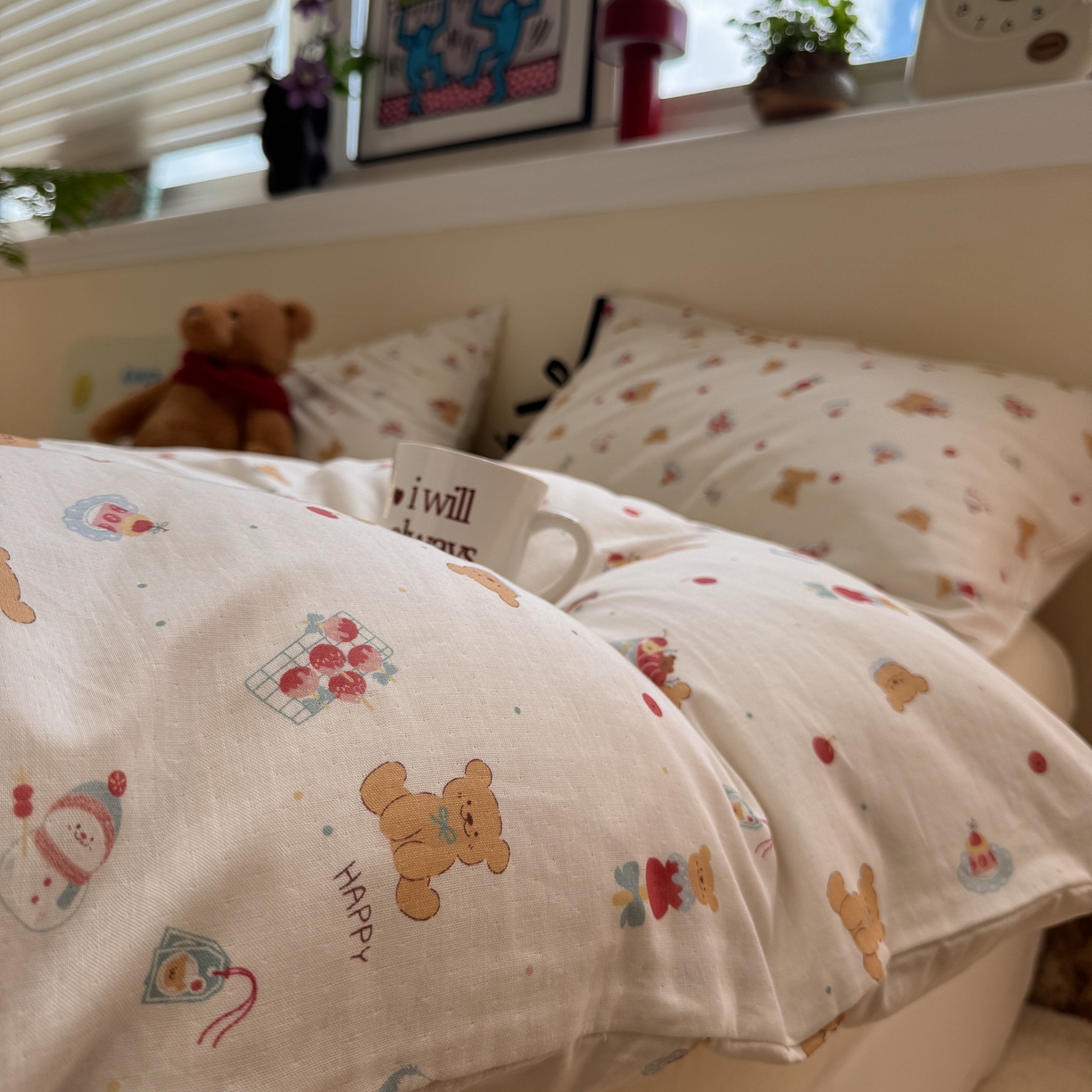 91家纺网 家纺一手货源 找家纺 慕尚家纺 2025新款全棉母婴级双层纱四件套 蝴蝶结绑带款-小熊蛋糕