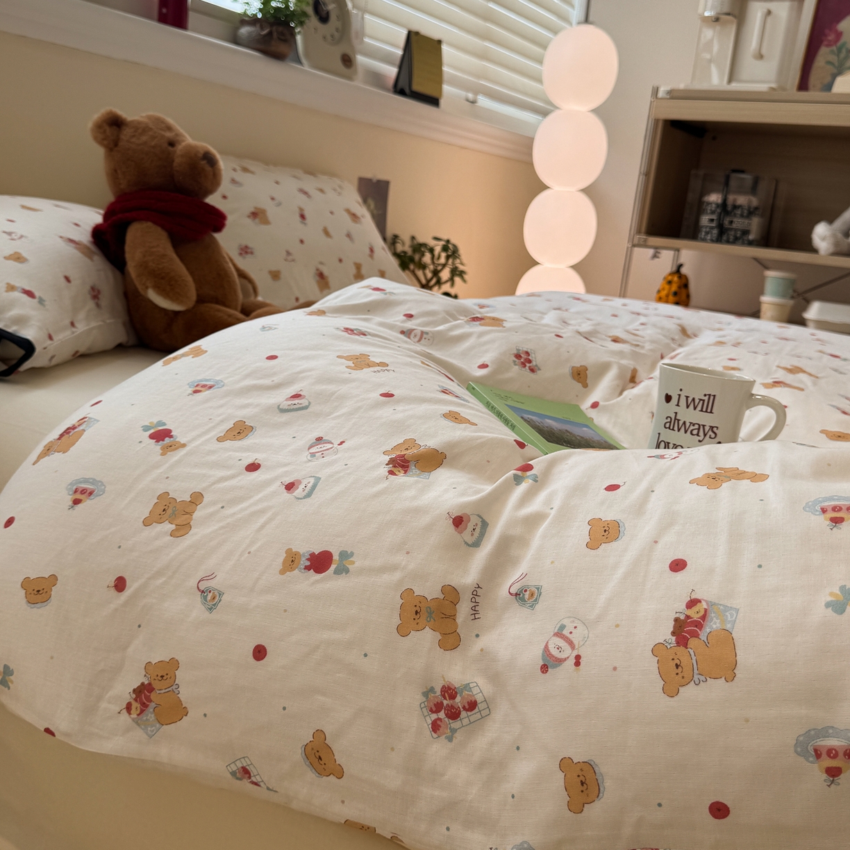 91家纺网 家纺一手货源 找家纺 慕尚家纺 2025新款全棉母婴级双层纱四件套 蝴蝶结绑带款-小熊蛋糕