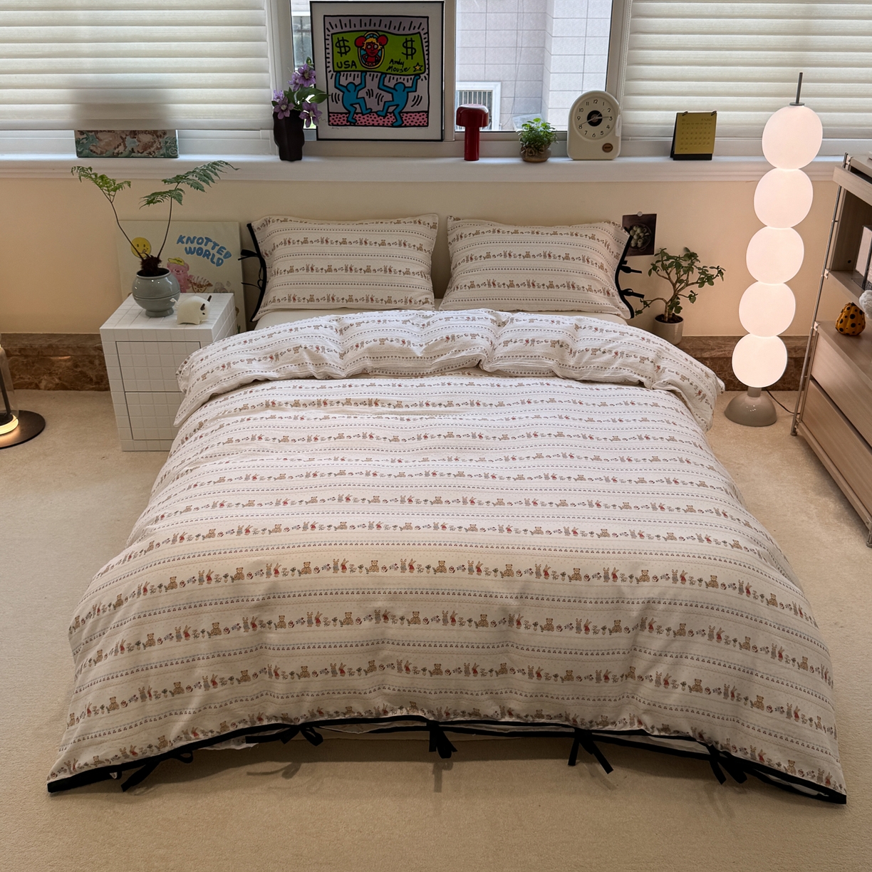 慕尚家纺 2025新款全棉母婴级双层纱四件套 蝴蝶结绑带款-小熊和兔子