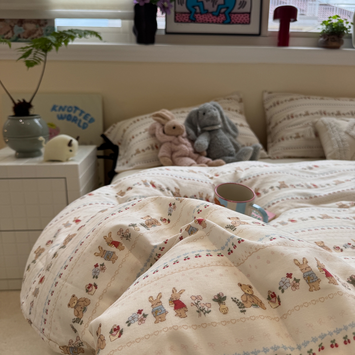 91家纺网 家纺一手货源 找家纺 慕尚家纺 2025新款全棉母婴级双层纱四件套 蝴蝶结绑带款-小熊和兔子