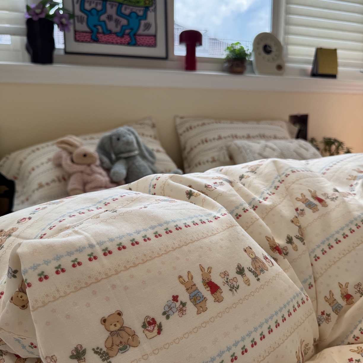 91家纺网 家纺一手货源 找家纺 慕尚家纺 2025新款全棉母婴级双层纱四件套 蝴蝶结绑带款-小熊和兔子