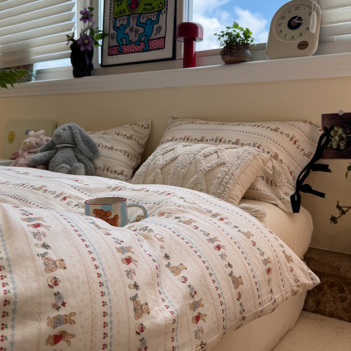 91家纺网 家纺一手货源 找家纺 慕尚家纺 2025新款全棉母婴级双层纱四件套 蝴蝶结绑带款-小熊和兔子