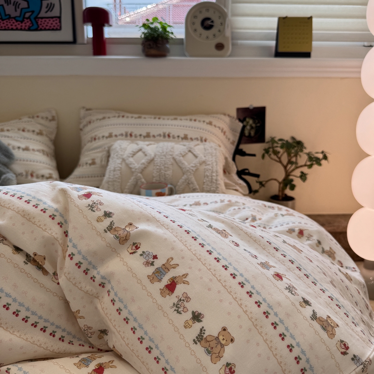 91家纺网 家纺一手货源 找家纺 慕尚家纺 2025新款全棉母婴级双层纱四件套 蝴蝶结绑带款-小熊和兔子