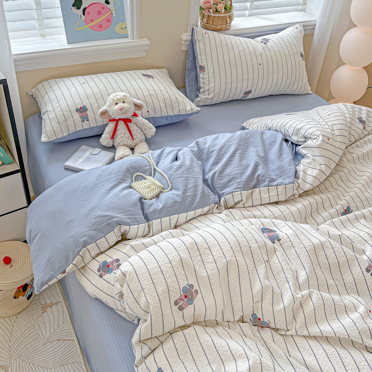 91家纺网 家纺一手货源 找家纺 梦纤绒 2025新款云感木棉皱皱双层纱四件套-简单款 条纹小象