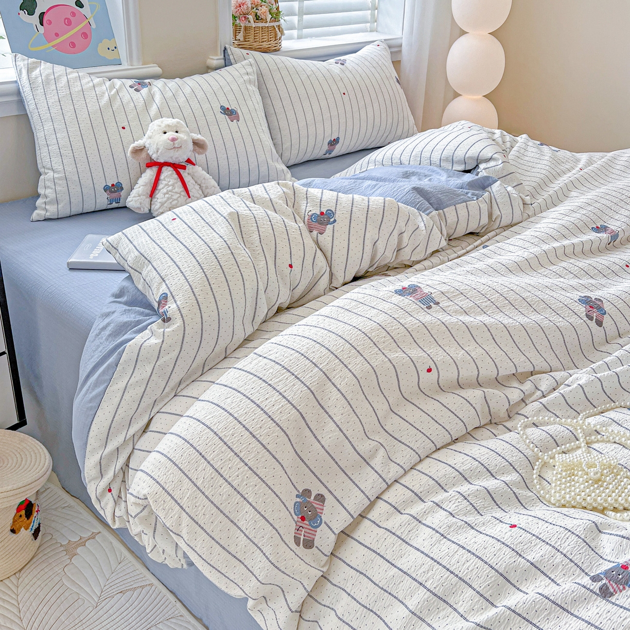 91家纺网 家纺一手货源 找家纺 梦纤绒 2025新款云感木棉皱皱双层纱四件套-简单款 条纹小象