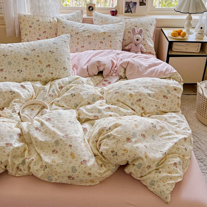 91家纺网 家纺一手货源 找家纺 梦纤绒 2025新款云感木棉皱皱双层纱四件套-简单款 西高地