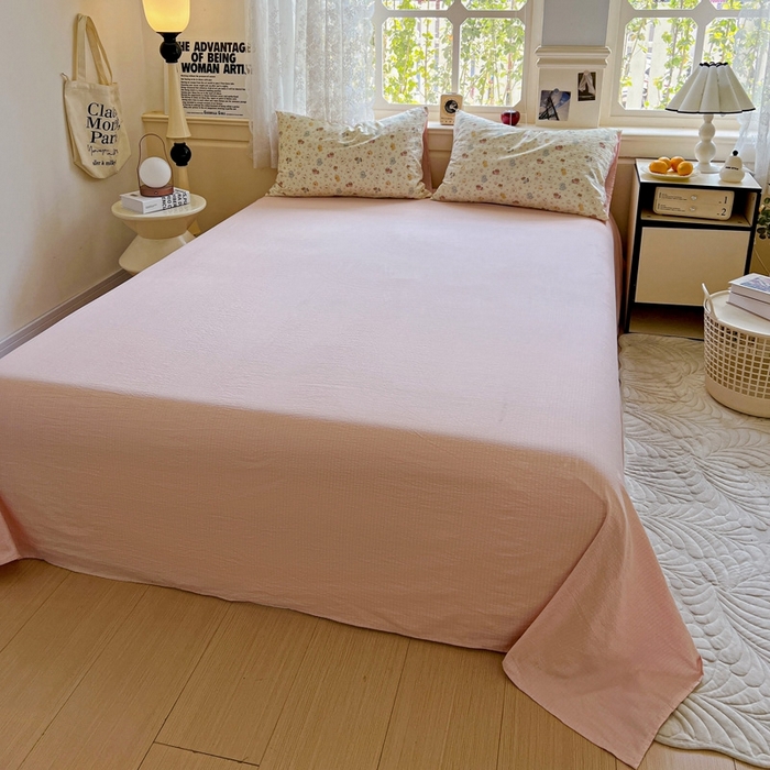 91家纺网 家纺一手货源 找家纺 梦纤绒 2025新款云感木棉皱皱双层纱四件套-简单款 西高地