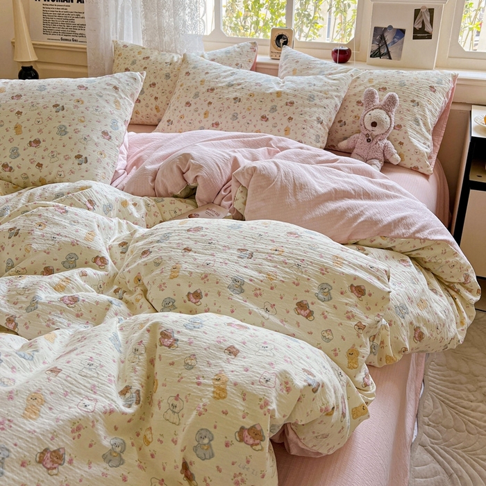 91家纺网 家纺一手货源 找家纺 梦纤绒 2025新款云感木棉皱皱双层纱四件套-简单款 西高地