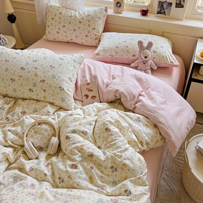 91家纺网 家纺一手货源 找家纺 梦纤绒 2025新款云感木棉皱皱双层纱四件套-简单款 西高地