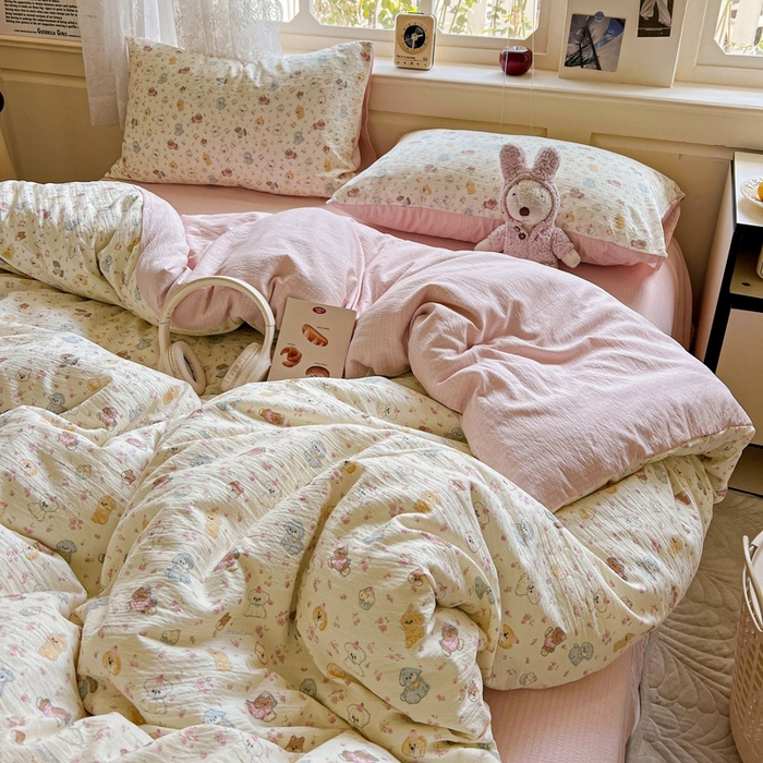 91家纺网 家纺一手货源 找家纺 梦纤绒 2025新款云感木棉皱皱双层纱四件套-简单款 西高地