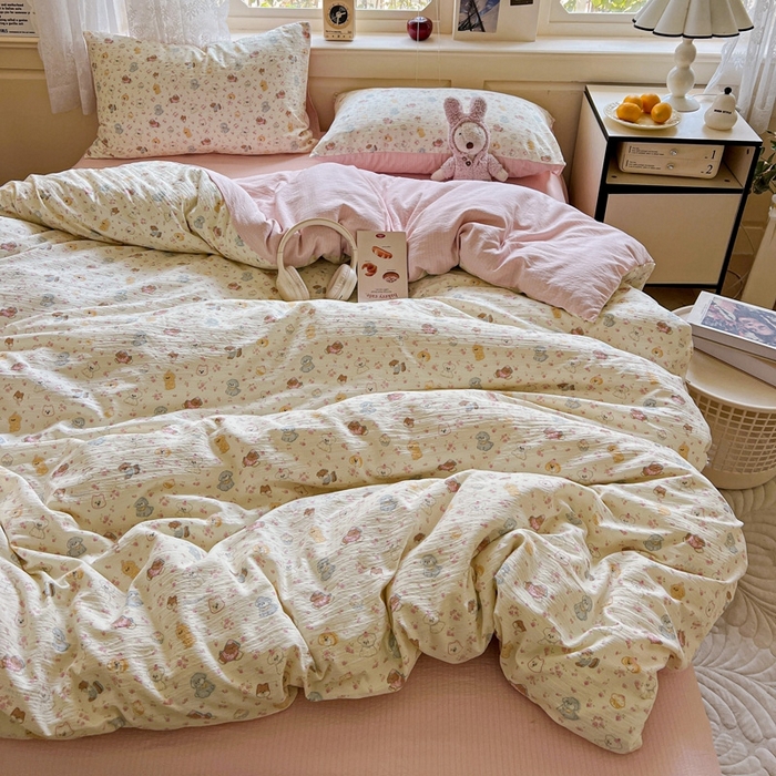 91家纺网 家纺一手货源 找家纺 梦纤绒 2025新款云感木棉皱皱双层纱四件套-简单款 西高地