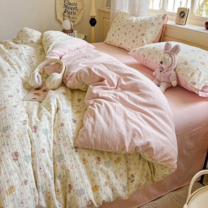 91家纺网 家纺一手货源 找家纺 梦纤绒 2025新款云感木棉皱皱双层纱四件套-简单款 西高地